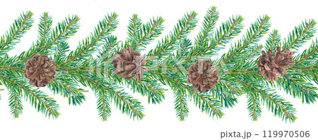 Seamless border of spruce green branches and pine cones. Hand drawn watercolor illustration of Christmas garland with conifer tree for Xmas banner or backdrop for New Year. Template with spruce twigs. 119970506