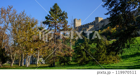 Remains of Historic Belgrade Fortress fortifications in Kalemegdan park in Belgrade, Serbia 119970511