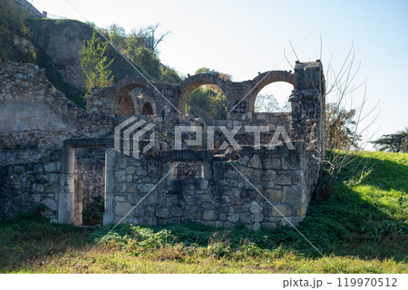 Remains of Historic Belgrade Fortress fortifications in Kalemegdan park in Belgrade, Serbia 119970512