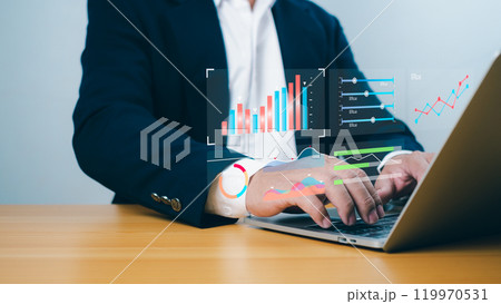 Strategic planning to increase sales profits, Businessman touching virtual screen Graph analysis of business growth and investment, long-term business plan. Strategic planning to increase sales profits, Businessman touching virtual screen Graph analysis of business growth and investment, long-term business plan. 119970531