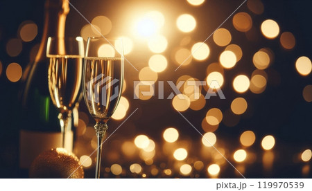 Two champagne glasses and a bottle with golden bokeh lights in the background. Festive celebration concept. Copy space 119970539