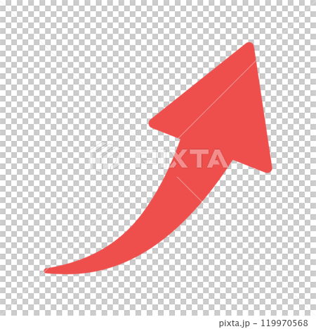 An icon of a red arrow curved upward to the right - A simple illustration of a symbol or decoration representing an upward movement 119970568