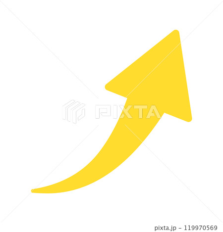 右肩上がりにカーブしている黄色い矢印のアイコン - シンプルな上昇を表す記号や装飾のイラスト素材 119970569