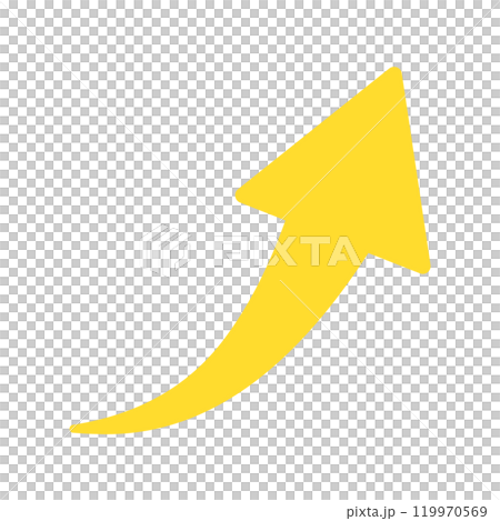 右肩上がりにカーブしている黄色い矢印のアイコン - シンプルな上昇を表す記号や装飾のイラスト素材 119970569