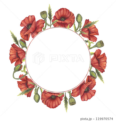 Red poppy flowers wreath round frame. Memorial Day, Anzac in Australia template. Meadow wild blossom, field blooming. Hand drawn watercolor illustration isolated background. Remember and honor. Red poppy flowers wreath round frame. Memorial Day, Anzac in Australia template. Meadow wild blossom, field blooming. Hand drawn watercolor illustration isolated background. Remember and honor. 119970574