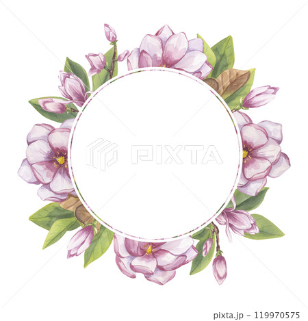Pink magnolia wreath round frame, place for text. Flower, buds, leaves. Blooming floral clipart. Hand drawn watercolor illustration isolated background. Wedding invitation, save the date, greeting Pink magnolia wreath round frame, place for text. Flower, buds, leaves. Blooming floral clipart. Hand drawn watercolor illustration isolated background. Wedding invitation, save the date, greeting 119970575