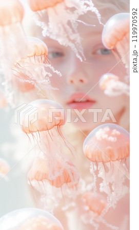 儚く浮かぶピンク色のクラゲと少女のポートレート 儚く浮かぶピンク色のクラゲと少女のポートレート 119970592