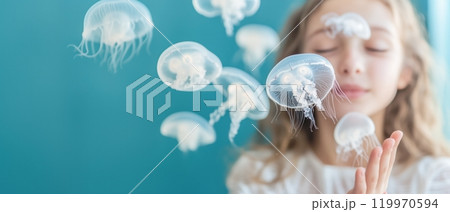 少女と空中に浮遊する幻想的なクラゲ 少女と空中に浮遊する幻想的なクラゲ 119970594