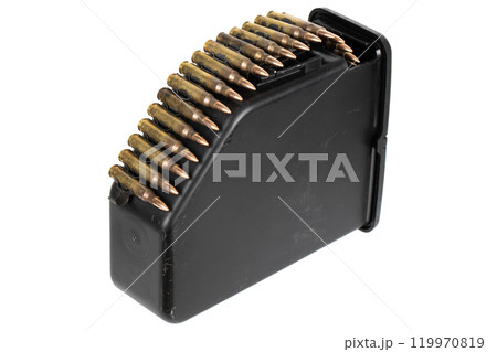 5.56 mm ammunition belt with cartridges in ammunition box 5.56 mm ammunition belt with cartridges in ammunition box 119970819