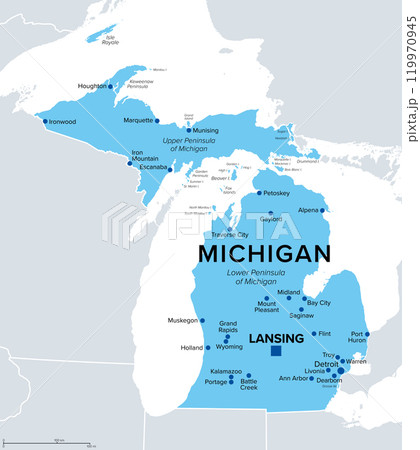 Michigan, U.S. state, political map. State in the Great Lakes region of upper Midwestern United States, with capital Lansing and metropolitan area Detroit. The Great Lake State, and Wolverine State. 119970945