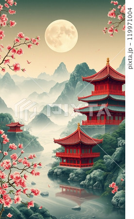 Serenity of a traditional japanese garden with cherry blossoms and pagodas 119971004