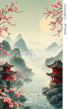 Serenity of a traditional japanese garden with cherry blossoms and pagodas 119971032