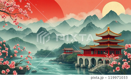 Serenity of a traditional japanese garden with cherry blossoms and pagodas 119971033