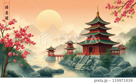 Serenity of a traditional japanese garden with cherry blossoms and pagodas 119971039