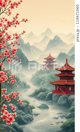 Serenity of a traditional japanese garden with cherry blossoms and pagodas 119971060