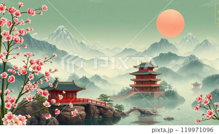 Serenity of a traditional japanese garden with cherry blossoms and pagodas 119971096