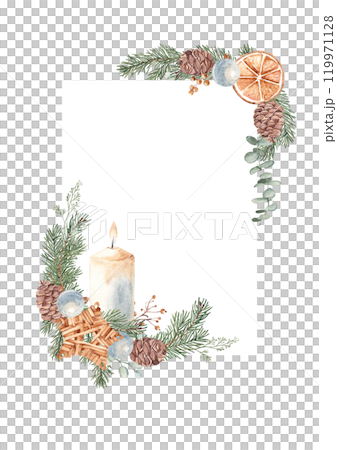 Christmas Advent square vertical Frame, Border. Corner Compositions with Winter plants, Candle and handmade Wicker star Toy. Hand drawn Botanical Illustration of Fir Branches, Eucalyptus, Pine Cone Christmas Advent square vertical Frame, Border. Corner Compositions with Winter plants, Candle and handmade Wicker star Toy. Hand drawn Botanical Illustration of Fir Branches, Eucalyptus, Pine Cone 119971128