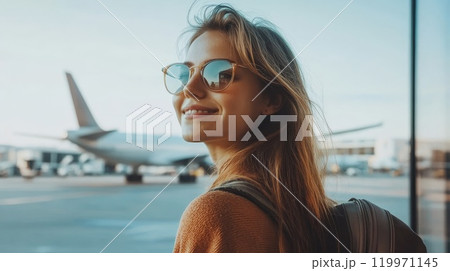 Girl at the airport is waiting for a plane. 119971145