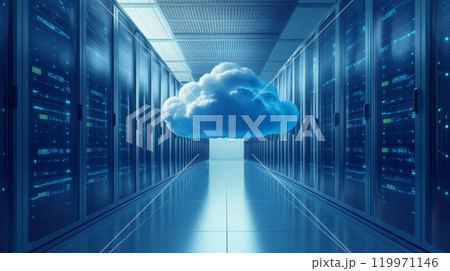 Blue cloud hovers in the center of a server room. 119971146