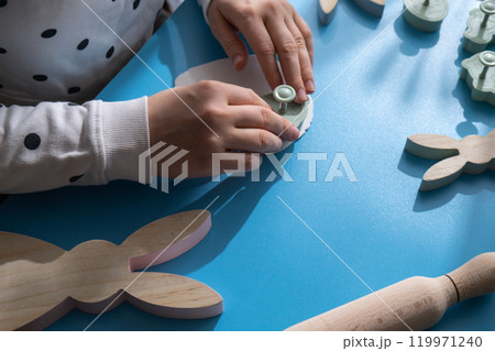 Workshop cutting figures Children air dry clay activity handicraft idea. DIY process step by step instruction. Preparing for Easter holiday decorating. Modern organic design minimalistic plastic free 119971240
