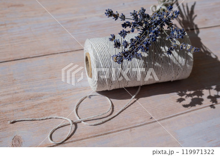 Dried lavender flowers on cotton rope. Esthetic aesthetic composition with copy space for wallpaper, black, template. Minimal eco style still life 119971322