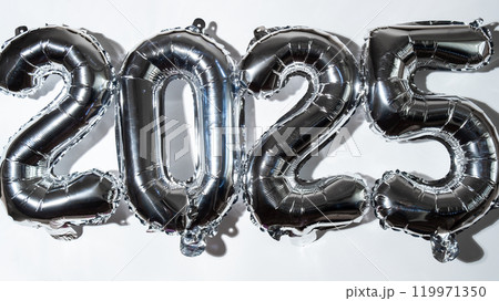 Happy new year 2025 metallic balloons on white background. Greeting card silver foil balloons numbers Christmas holiday concept. Celebration party congratulation Happy new year 2025 metallic balloons on white background. Greeting card silver foil balloons numbers Christmas holiday concept. Celebration party congratulation 119971350