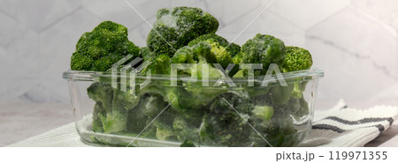 Frozen food broccoli florets homemade. Harvesting concept. Stocking up vegetables for winter storage. Healthy food Frozen food broccoli florets homemade. Harvesting concept. Stocking up vegetables for winter storage. Healthy food 119971355