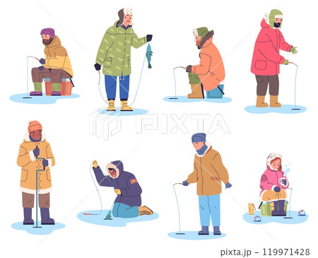 Winter fishers. Cartoon fisher fish fishing at ice hole frozen river forest lake, fisherman in boots with beard spinning snow weather cold season nature, classy vector illustration 119971428