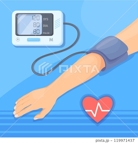 Blood pressure measuring. Hand arm checking arterial blood pressure and heartbeat record, tonometer device cuff measurement high pressuring hypertension, neat vector illustration 119971437