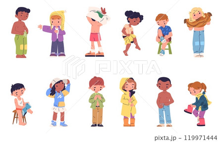 Kids dressing. Children change wear clothes, boy girl putting shoe shirt jeans pants or dress kid undress garments changing clothing, child independence classy vector illustration 119971444