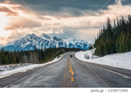 Road trip with rocky mountains on highway road in national park at Canada Road trip with rocky mountains on highway road in national park at Canada 119971560