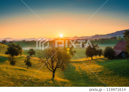 Sunrise over grass hill with foggy in rustic village during summer at Switzerland 119971614