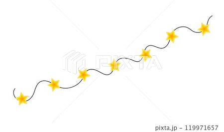Christmas colorful bright yellow star lights curly string garland simple doodle hand drawn vector illustration, flat style cartoon image for winter New Year holiday, birthday events design Christmas colorful bright yellow star lights curly string garland simple doodle hand drawn vector illustration, flat style cartoon image for winter New Year holiday, birthday events design 119971657