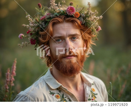 A red-haired man with a bright wreath. 119971920