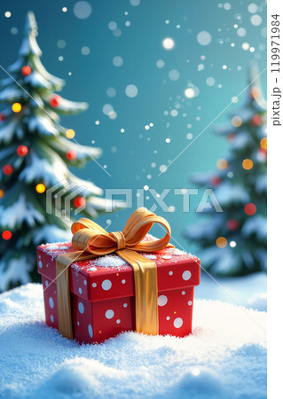 Red gift box with a yellow ribbon on top of snow. 119971984