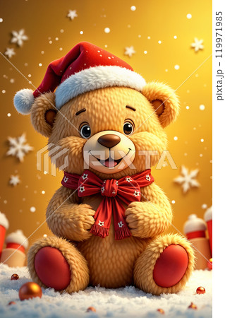 Cute teddy bear wearing a Santa hat and scarf. 119971985