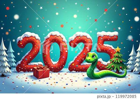 Large number 2025 with festive decorations. 119972085