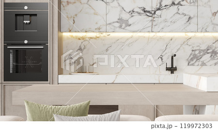 Cozy home kitchen interior with cooking cabinet, bar island and kitchenware Cozy home kitchen interior with cooking cabinet, bar island and kitchenware 119972303