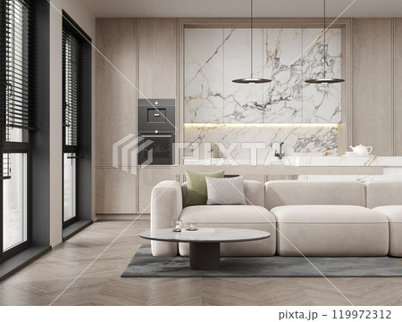 Cozy home kitchen interior with cooking cabinet, bar island kitchenware and sofa, 3d render 119972312