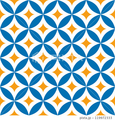 Blue and yellow interlocking quatrefoils form a visually captivating pattern, perfect for a variety of design uses 119972333