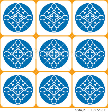 Blue and white circular tile pattern designed to enhance any decorative background, perfect for a variety of design applications Blue and white circular tile pattern designed to enhance any decorative background, perfect for a variety of design applications 119972334