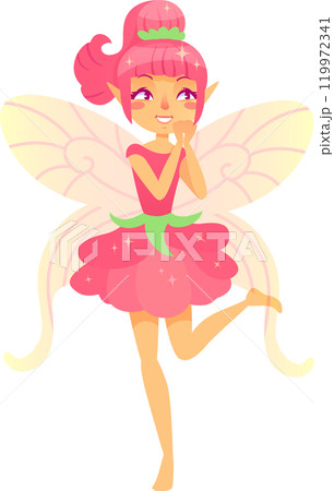 Cheerful fairy with pink hair, flower dress, and insect wings, clapping with joy in cartoon illustration 119972341