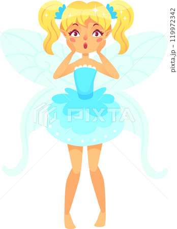 Surprised blonde fairy with pigtails, blue dress and wings, touching her face with her hands in adorable astonishment and wonder 119972342