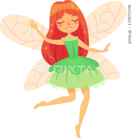 Enchanting red haired fairy in a green dress gracefully flying with closed eyes and delicate wings, creating a whimsical scene 119972346