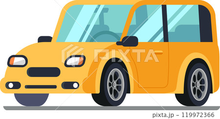 Compact, fuel efficient yellow car parked on a gray road, highlighting its modern, practical design perfect for urban driving and eco friendly individuals 119972366