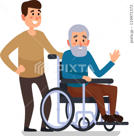 Young male nurse brings joy to senior man in wheelchair with friendly assistance and smiles 119972372