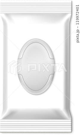 White blank packaging for wet wipes with an oval resealable sticker is showcasing a practical and convenient way to maintain personal hygiene 119972401