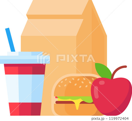 Balanced meal in a paper lunch bag, burger, soda, and apple promotes healthy eating for both kids and adults 119972404