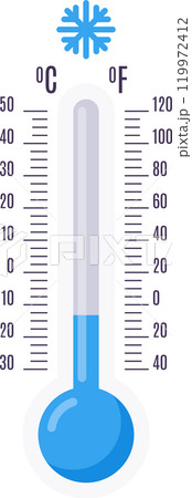 Thermometer displaying freezing temperatures in both celsius and fahrenheit scales, alongside a snowflake icon, symbolizing chilly weather conditions 119972412