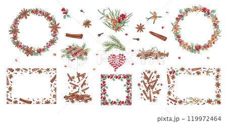 Winter and autumn aromatic spices with berries watercolor illustration clip art. Cinnamons sticks, star anise, cloves, sea buckthorn, cowberry frames, bouquets for hot drinks and Xmas baking. 119972464